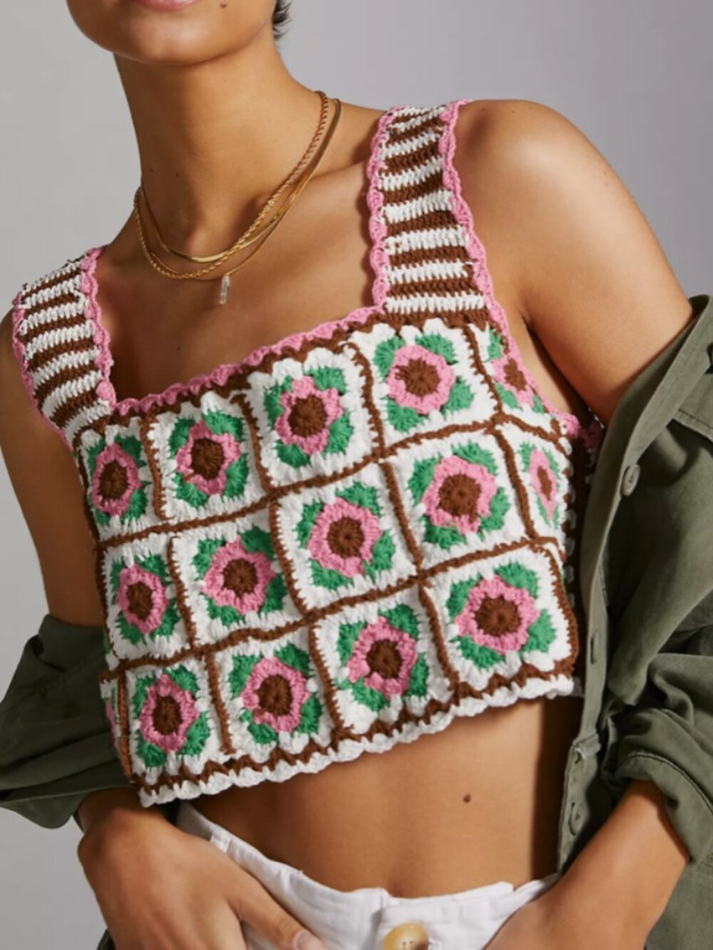 Maeve Boho Retro Reversible Granny Square Festival Floral crotchet crop top OS